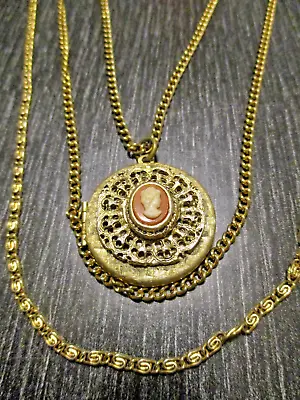 Vintage Goldette Era Multi Strand Cameo Locket Long 34  Long Necklace Gold Tone • $29.99