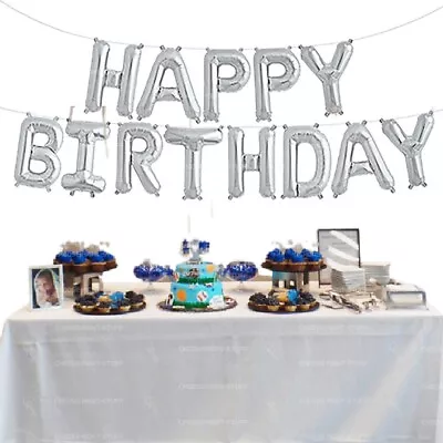 Silver Happy Birthday Bunting Banner Balloons 18/21st/30/40/50 Party Decor • £1.59