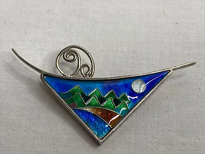 Vintage HandMade Mountain Dreaming Art Brooch Pin Signed Enamel On Silver/Metal? • $79.97