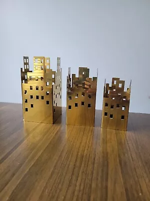 Vintage Brass Die Cut City Skyline 3pc Decor Mcm • $50