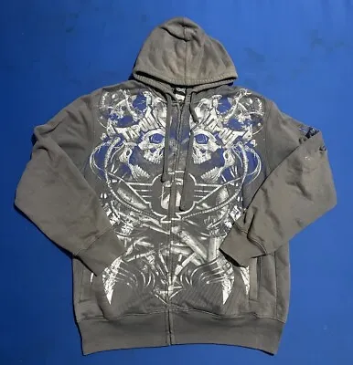 Vintage Tapout Hoodie Full Zip Skulls MMA Y2K Grunge Skater Distressed Gray L • $100.99