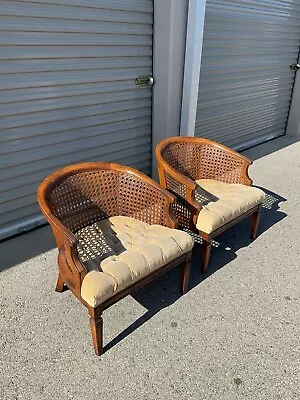 Set Of 2 Mid- Century Cane Back Barrel Chairs Quilted Seat Mesh Back - Brown • $400