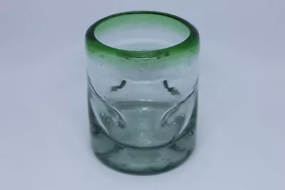 Mexican Hand Blown Artisan Dimpled Glass Green Rim Whiskey Tumbler THICK BOTTOM • $7.99