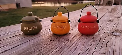 Vintage Enesco Kettle Condiment Set 3 Pc With Lids Ketchup Mustard And Relish • $14.99