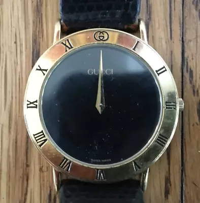 GUCCI 3000.2.M GOLD BLACK DIAL VINTAGE SWISS MADE WATCH QUARTZ Used Working • $125