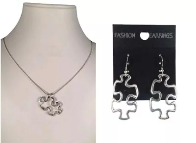 Puzzle Piece Silver Pendant Chain Necklace + Earrings Set Autism Awareness BFF • $9.99