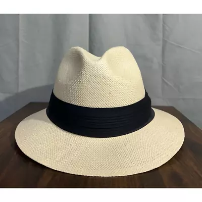 Vintage Straw Fedora Hat Mens XL Cream Beige Black Sun USA 70s Lightweight Beach • $39.99