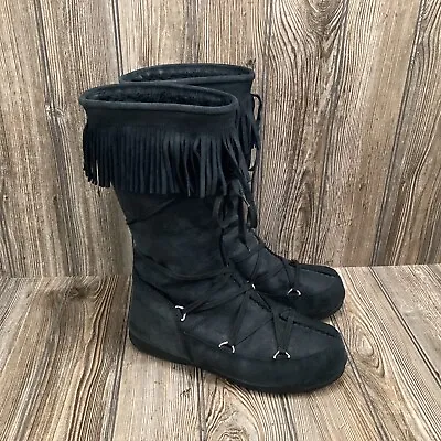 RARE~ Tecnica Men’s Black Leather Fringe Original Authentic Moon Boots Size 8-42 • $149.99