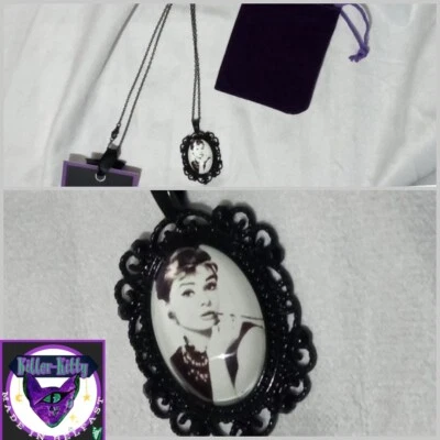 $18.92 • Buy Audrey Hepburn Black Pendant 50cm Necklace With Purple Velvet Gift Pouch 