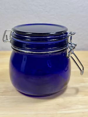 ITALGLASS Cobalt Blue Glass Canister Jar Wire Hinged Lid Apothecary VTG ITALY 4  • $12.95