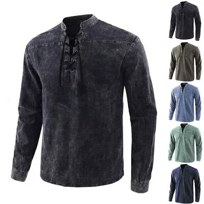 Mens Retro Medieval Vintage Tunic Tops Long Sleeve Shirt Lace Up Costume Tee • £20.09