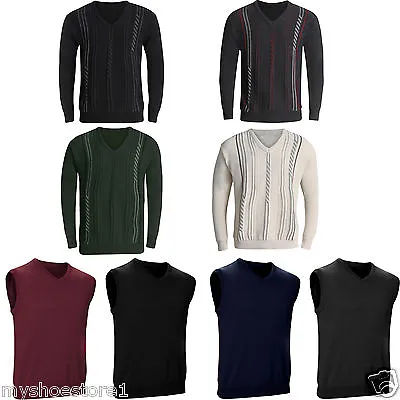 New Mens V Neck Jumper Pullover Sweater Long Sleeve Knitted Top Soft New  Stripe • £12.99