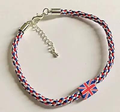£2.75 • Buy Union Jack Polymer Clay Bead Charm On Dainty Kumihimo Bracelet 