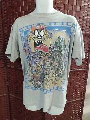 Vintage 90s Looney Tunes Adventure T Shirt Taz Mountain Bike Bicycle Large • $21.79