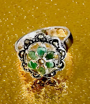 New Real Emerald-marcasite Sterling Silver Rhodium Plated Ring Size 8/tcw 32 • $16