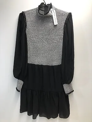 Alice + Olivia Elvira Smock Bodice Tiered Mini Dress Women’s Size 6 Black White. • $99