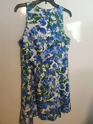 MILLY Design Nation Dress Sleeveless Blue White Green Floral Cotton Zip Back 12 • $14.05