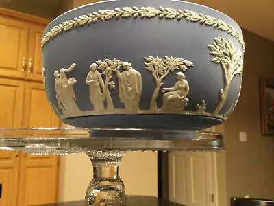 Vintage Wedgwood Jasperware Blue 8  Serving Bowl White Sacrifice Figures MINT! • $49.99