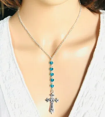 $14.99 • Buy Classy Cross Pendant Beads 18  Necklace Christian March Birthstone New