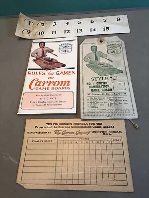 Vtg C1930 Carrom Rule Booklet & Tag  Style C Game Board Antique • $16.95