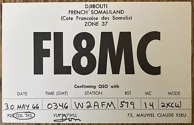 QSL Card - Djibouti French Somaliland FL8MC 1966 Postcard • $5