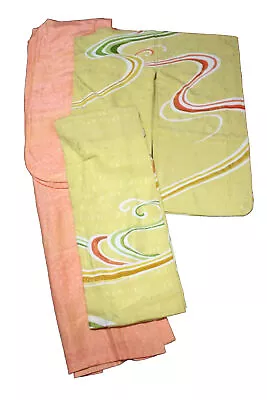 Set Of 2 Yellow Wave Silk Furisode Kimono With Matching Pink Sakura Nagajuban • $88