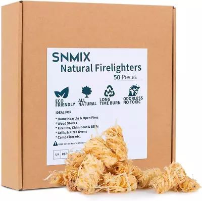 SNMIX Natural Firelighters - 50 Pack Eco Wood Wool Fire Lighters For Wood & Log  • £7.37