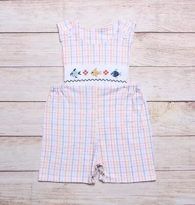 NEW Boutique Embroidered Fish Baby Boys Gingham Romper Shortalls Jumpsuit • $13.59