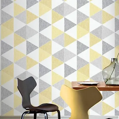 Yellow Grey White Wallpaper Arthouse Scandi Triangle Shape Geometric Feature • £5.59