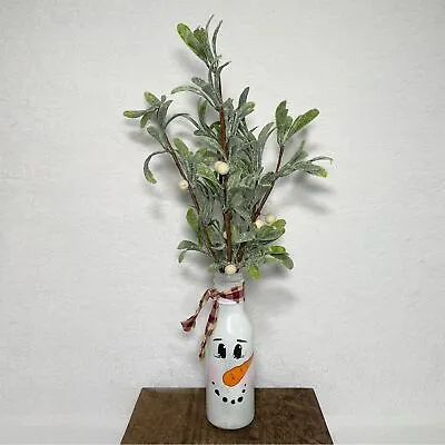 Handmade Winter Faux Floral Snowman Arrangement Tall Vase With Frosted Leaves • £19.29