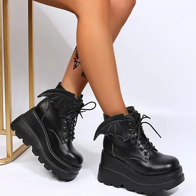 £40.74 • Buy Gothic Boots Women Retro High Heel Wedge Lace Up Platform Punk Wing Ankle Boots