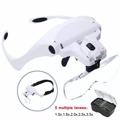 Magnifying Glass Headset LED Light Head Headband Magnifier Loupe Jeweler 5 Lens • £9.91