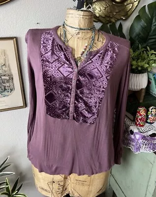 Lucky Brand Purple Velvet Geo Print Accent Long Sleeve Boho Blouse Sz M • $9