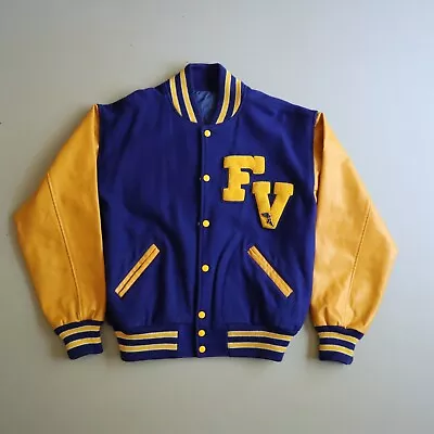 Vintage F V Blue Yellow Letterman Varsity Bomber Jacket Medium Wool Vinyl • $49