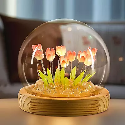 Tulip Night Light LED Decorations LampGlass Artificial Flower Bedroom Table Lam • $55.99