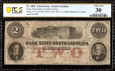 1861 $2 Dollar Bill South Carolina Bank Note Large Paper Money Civil War Pcgs 30 • £130.29