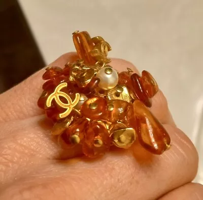 Vintage Chanel CC Logo Amber And Pearl Ring • $425