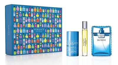 Versace Eau Fraiche Men 3.4 Oz & 0.3 Oz Edt Spray & 2.5 Oz Deodorant Stick Nib • $74.45