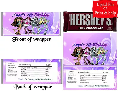 12 Personalized MONSTER HIGH Candy Hershey Bar Wrappers Favors W/Silver Foil • $11