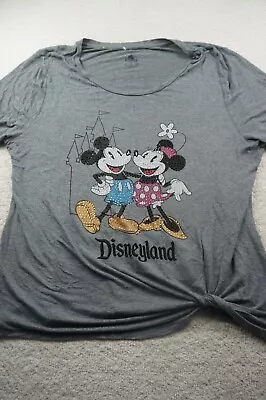 Disney Land Women XL Gray Short Sleeve Mickey Minnie Rhinestone Blouse J309 • $16