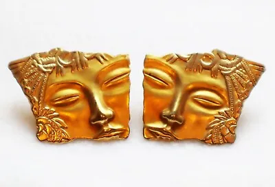 Vintage JJ Jonette Earrings Mayan Deities Faces Gold Tone Large Size Pierced Ear • $24.99