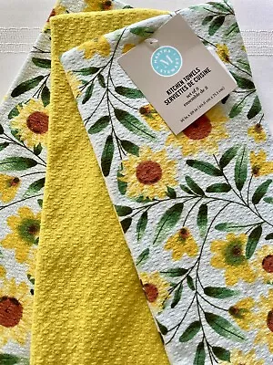 MARTHA STEWART Sunflowers 3 Kitchen Towels Yellow Light Blue 16 X 28 Cotton NWT • $19.99