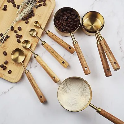 New Measuring Spoon Set Wooden Handle Stainless Steel Measuring Cups Spoons • £8.17