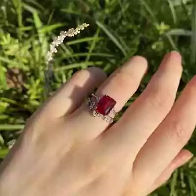 3Ct Emerald Cut Lab Created  Red Ruby Engagement Ring 14K White Gold Plated • $199.99