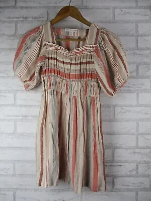 Zara Girls A-line Dress 8 Years Linen Mix Short Sleeve Brown Beige Stripe • $18.90