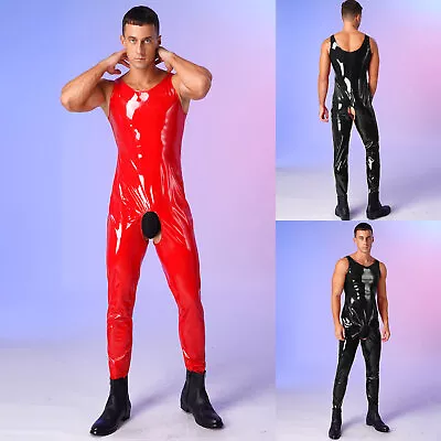 Men's Patent Leather Sleeveless Catsuit Bodysuit Zipper Jumpsuit Party Clubwear • £33.59