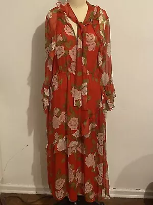 ZARA Woman Sz L RUFFLED FLORAL Sheer Midi DRESS IN RED Tie Neck Open Back • $30