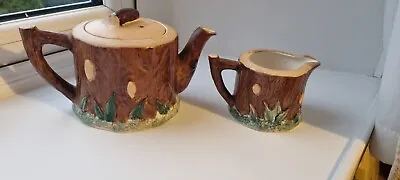 Antique Keele St Pottery Hand Painted Tree Trunk Teapot & Milk Jug Wood Log  • £10