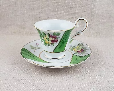 Miniature Japanese Green Swirl Striped Floral Footed Teacup & Saucer Mini Set • $9.95