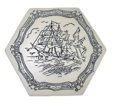 Trinket Box Sailing Ship Mermaid Hexagon Dolphin Whale Nautical Resin Faux Scrim • $17.59